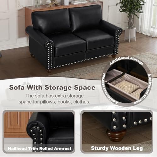 Modern Faux Leather Sofa Set with Storage for Living Room and Office (Black)