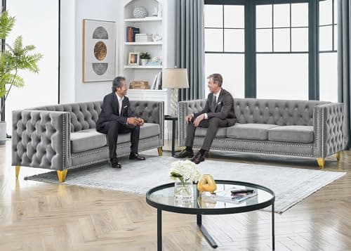 Velvet Chesterfield Sofa Set, 2-Piece Oversized Seater with Nailhead Detail (Grey)