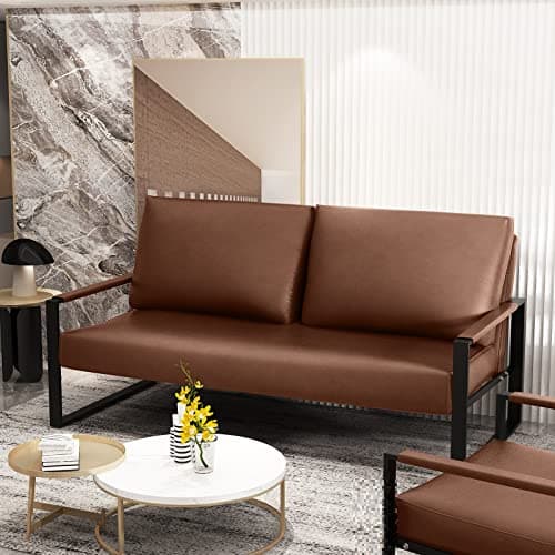 Mid-Century Brown Faux Leather Loveseat for Small Spaces