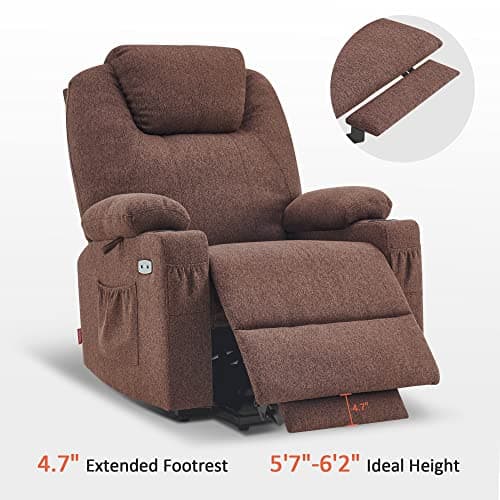 Large Power Recliner Sofa with Massage & Heat, 3 Positions, USB Ports, Extended Footrest, Coffee Fabric 7516