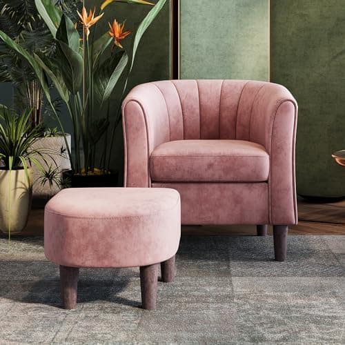 LINSY Velvet Accent Chair with Ottoman, Modern Barrel Reading Chair, Yellow