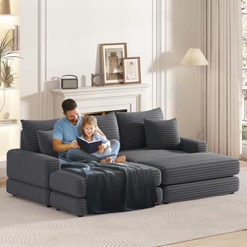 Oversized Grey Corduroy Chaise Lounge Seater with Ottoman