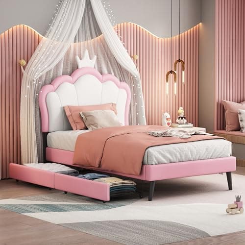 Velvet Daybed with Storage Drawers and Striped Headboard Design, Twin Size, Pink