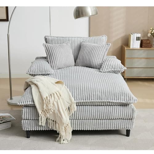 Eafurn Corduroy Upholstered Chaise Lounge Sofa with Ottoman & Cupholders