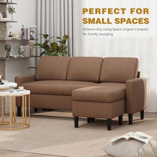 Shintenchi Brown 3 Seat L-Shaped Convertible Sofa with Ottoman, Linen Fabric