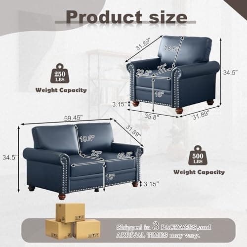Chesterfield Living Room Furniture Set with Storage, Navy Blue