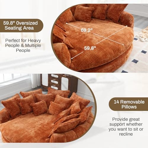 81.1" Oversized Fluffy Lazy Bean Bag Sofa with 14 Pillows, Orange Chenille Bed Cushion