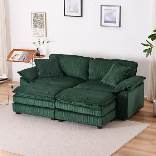 Oversized Cream White Corduroy Chaise Lounge Chair & Ottomans