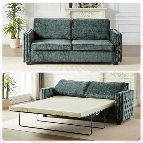 Chenille Convertible Sleeper Couch Bed, Full Size Memory Foam Mattress(Green)