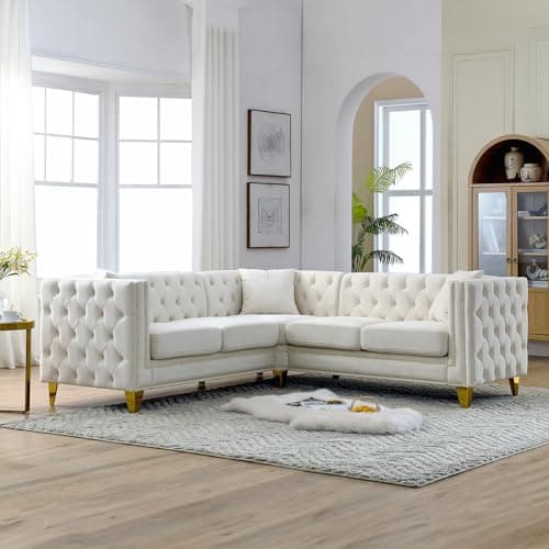 Oversized Velvet L Shaped Chesterfield Sofa with Deep Seat Corner, Button Nailhead Detail, Grey Color