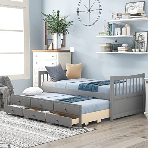 Upholstered Daybed with Trundle, Drawers, and Wood Slat Support Frame - Grey