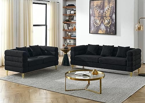 Teddy Bouclé 3 Seater & Loveseat Sofa Set, Green Gold Legs