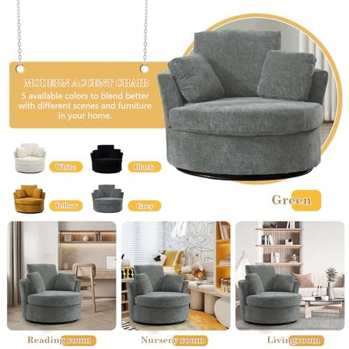 Set of 2 JEEOHEY Modern Chenille Swivel Barrel Chairs with Pillows - Grey Accent Arm Chairs for Living Room, Nursery, Bedroom, Office