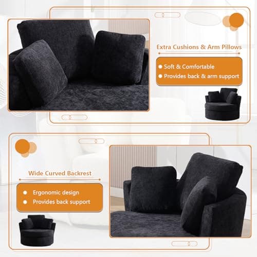 Oversized Black Swivel Accent Chair with Half Moon Ottoman for Nursery, Living Room, and Bedroom