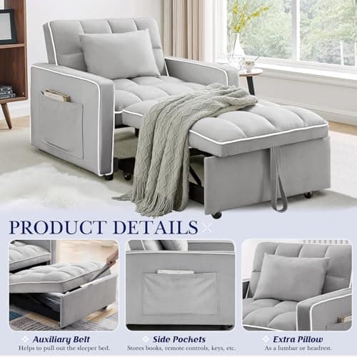 3-in-1 Convertible Sleeper Chair Bed with Adjustable Backrest and Side Pockets, Velvet Upholstered Recliner for Living Room/Office/Small Spaces (Grey)