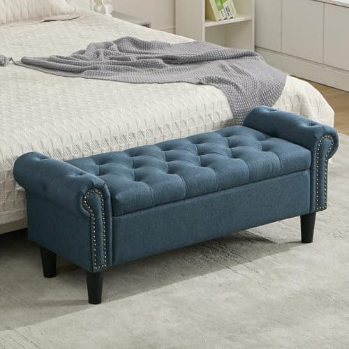 Light Brown Linen Tufted Storage Bench with Rolled Arms & Ottoman, 50" Queen End of Bed Bench