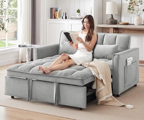 3 in 1 Convertible Sofa Bed, Grey with Side Pocket & Adjustable Backrest