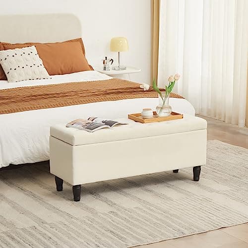 Off White Bedroom Bench with 2 Ottoman Footrests and Storage