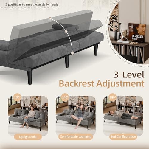 Shintenchi Dark Gray Velvet Reclining Sofa Bed with Foldable Arms