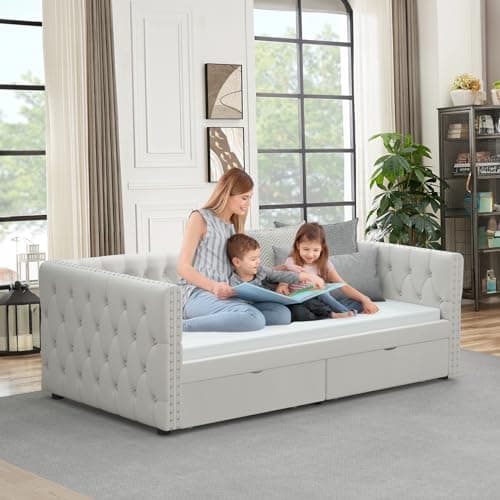 JEEOHEY Velvet Button Tufted Twin Daybed with Storage (Beige)