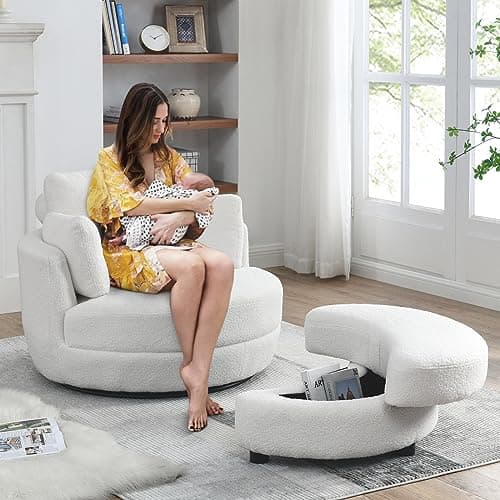 Modern Swivel Chair with Storage Ottoman in White Teddy Fabric