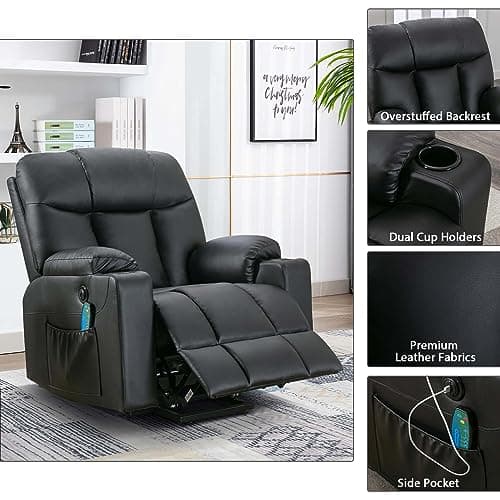 Bonzy Home 26" Extra Wide Power Recliner with Heat & Massage, Faux Leather Cup Holders