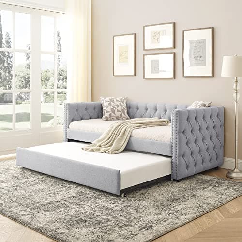 Twin Size Nailhead Trim Button Tufted Daybed with Storage Drawers, Grey
