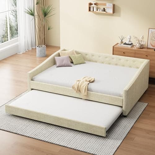 Upholstered Daybed with Drawers, Wood Frame Sofa Bed, Button Tufted Backrest, Linen Fabric, Dark Gray