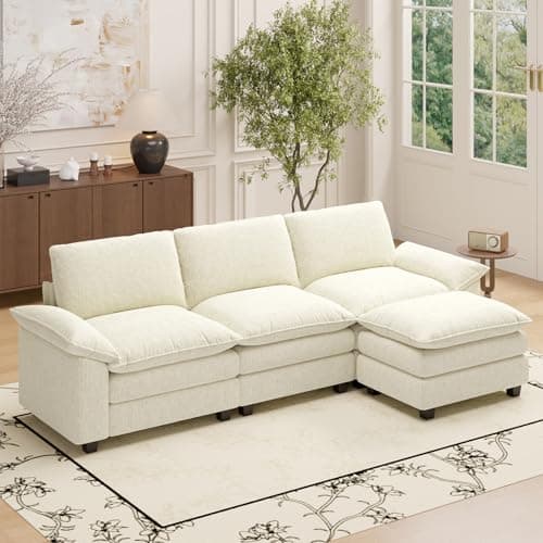 Beige L-Shaped 4-Seat Cloud Couch Sectional Sofa with Ottoman