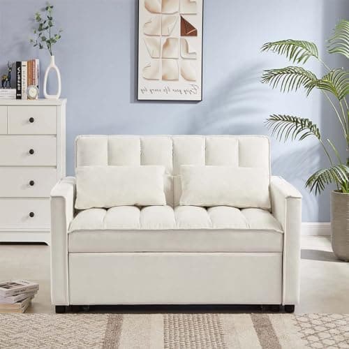 JEEOHEY Off White Convertible Sleeper Sofa Bed, Modern Velvet 53" Sofa Bed for Small Space & Living Room