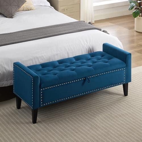 Dusty Blue Velvet Storage Bench with Bedside Ottoman Legs