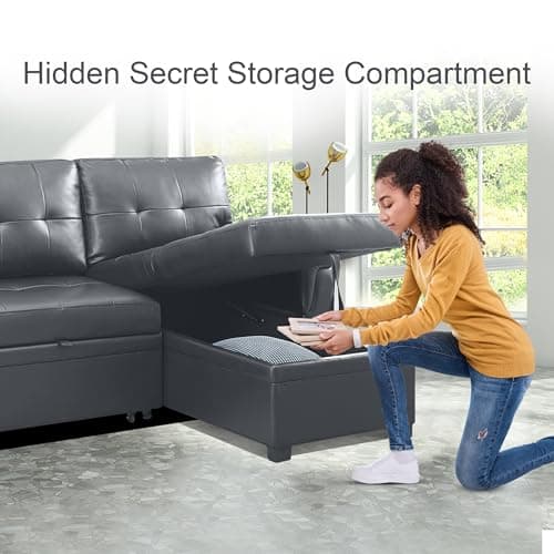 Naomi Home Dark Gray/Air Leather Sleeper Sectional Sofa Bed & Chaise - Tranquil Comfort