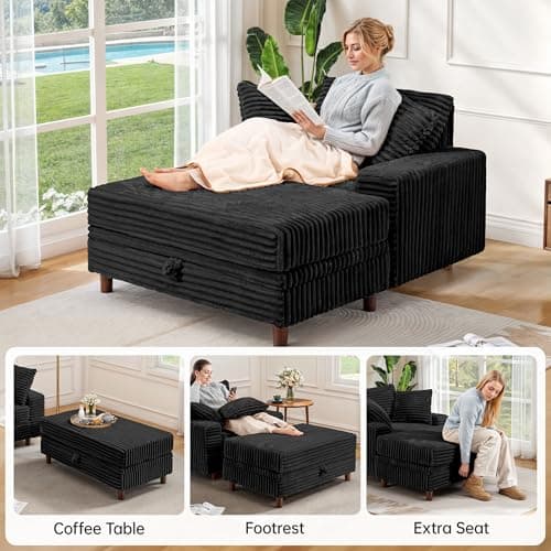 54" Multifunctional Black Upholstered Chaise Lounge with Storage Ottoman and Pillows