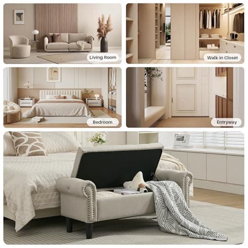 Light Brown Linen Tufted Storage Bench with Rolled Arms & Ottoman, 50" Queen End of Bed Bench