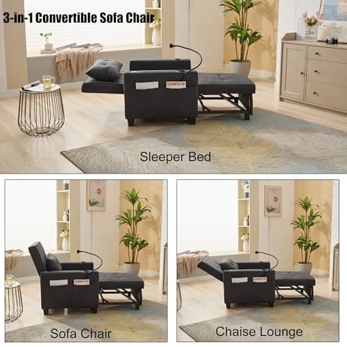 Livavege 3-in-1 Convertible Sleeper Sofa Chair, Linen Futon with Phone & Cup Holders