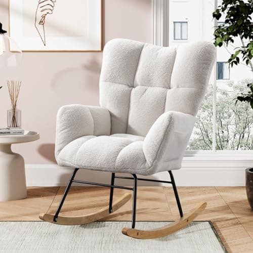 Beige Teddy Upholstered Rocking Chair with High Backrest for Bedroom & Living Room