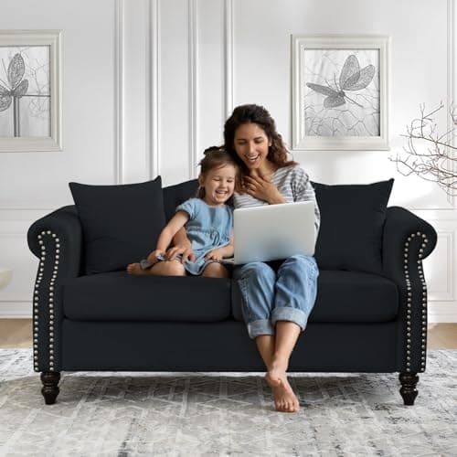 57 Button Tufted Velvet Loveseat Sofa in Black for Living Room, Bedroom, Office, Apartment