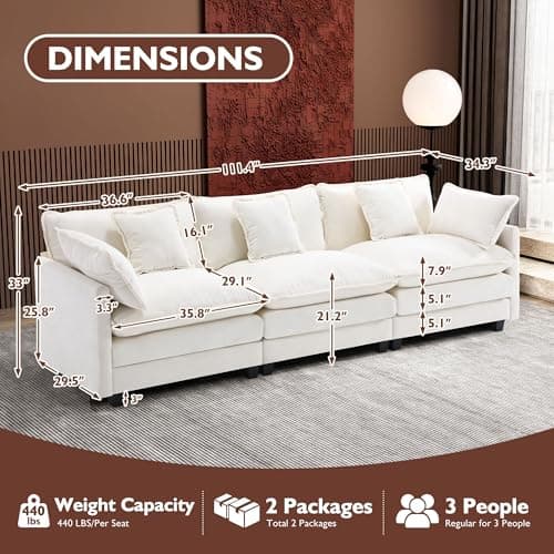 Ihanherry 111.4 Inch 3-Seater Cloud Sofa, Modern Breathable Living Room Couch