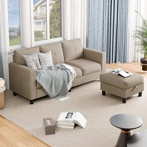 JAMFLY L-Shaped Sectional Sofas with Storage for Small Spaces, Light Brown