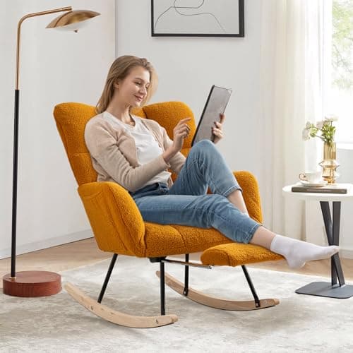 JEEOHEY Teddy Glider Rocking Chair with Footrest and High Backrest for Nursery, Living Room, and Bedroom (Caramel)