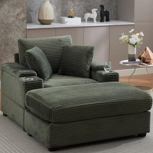 Oversized Beige Corduroy Chaise Lounge with Storage & Ottoman, Reclining Sofa Bed