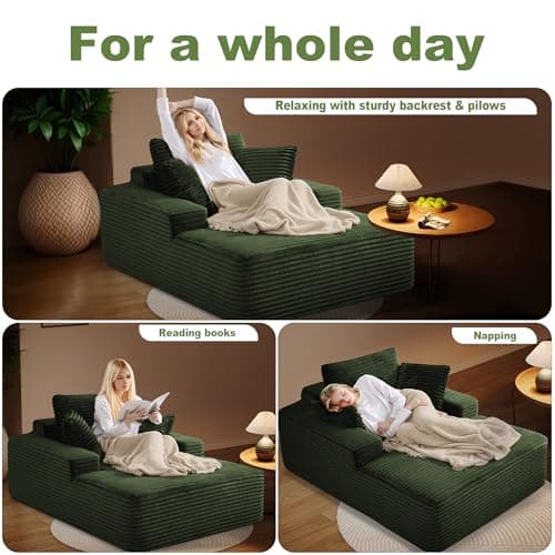 Oversized Green Faux Fur Chaise Lounge Chair with Thick Backrest & 3 Pillows