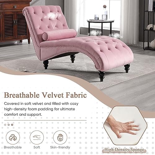 Pink Velvet Chaise Lounge Chair with Lumbar Pillow for Living Room or Bedroom
