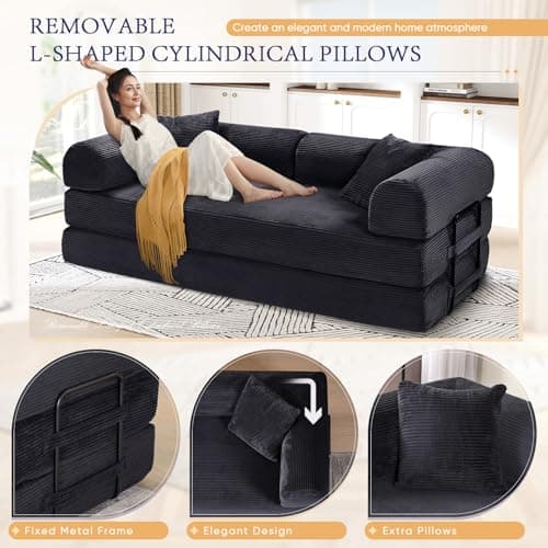 JEEOHEY Convertible Sofa Bed, Queen Size Memory Foam Couch for Living Room & Bedroom, Black