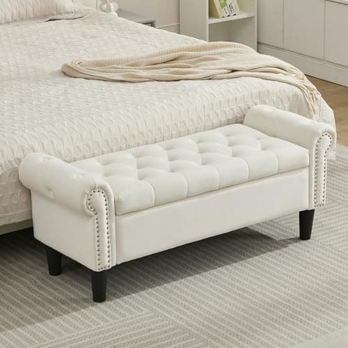 Light Brown Linen Tufted Storage Bench with Rolled Arms & Ottoman, 50" Queen End of Bed Bench