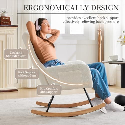 Teddy Upholstered Glider Rocking Chair with High Backrest, Armrest & Side Pockets