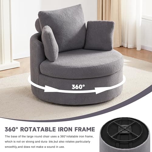 360° Modern Grey Swivel Chair with Storage Ottomans & 3 Pillows for Living Room