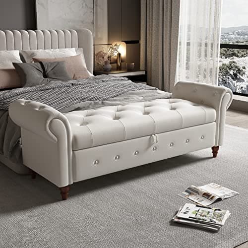 Button Tufted Storage Bench for Bedroom, Linen Fabric Upholstered Ottoman Bench (Dark Grey)