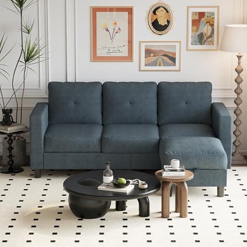 Shintenchi Brown 3 Seat L-Shaped Convertible Sofa with Ottoman, Linen Fabric