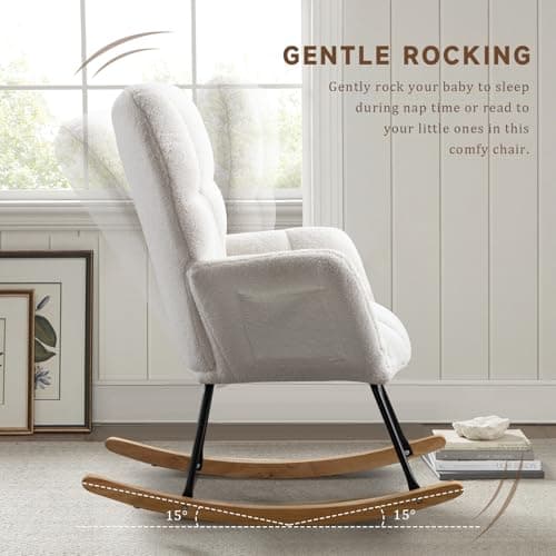 Beige Teddy Upholstered Rocking Chair with High Backrest for Bedroom & Living Room